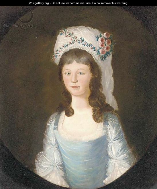 Portrait of a girl, half-length, in a blue dress with white headdress decorated with flowers - English School