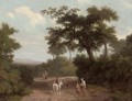 A wooded landscape with figures and a herdsman with a flock of sheep in a clearing, a castle beyond - English School