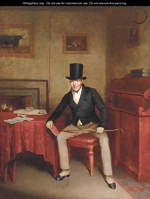 A Sportsman seated in an interior holding a record of hounds - English School