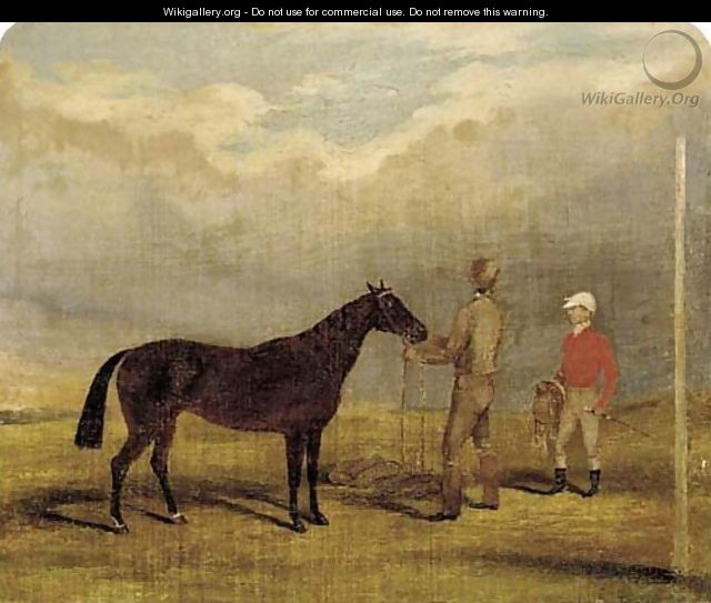 A brown racehorse with jockey and groom - English School