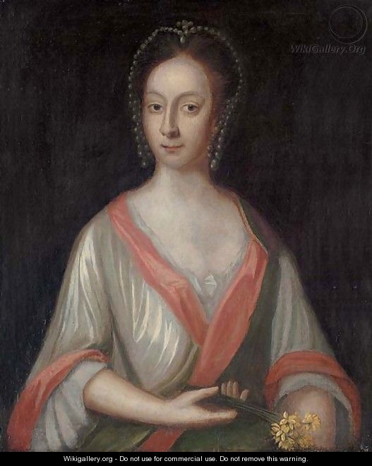 Portrait of a lady, half-length, in a white dress with red and green trim - English School