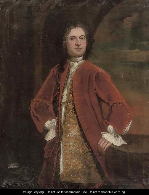 Portrait of a gentleman, three-quarter-length, in an embroidered waistcoat and red coat - English School