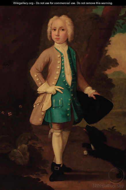 Portrait of a boy, full-length, in a blue waistcoat and brown coat - English School
