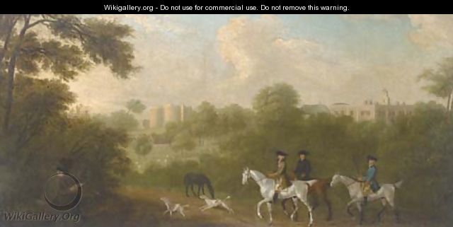 A hunting party before a country house and ruined castle, with an artist sketching in the foreground - English School