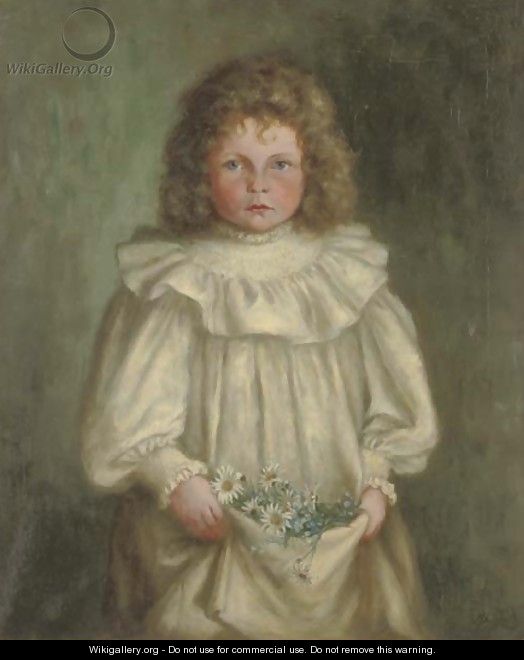 Portrait of a girl, half-length, in a white dress, with flowers in her lap - English School