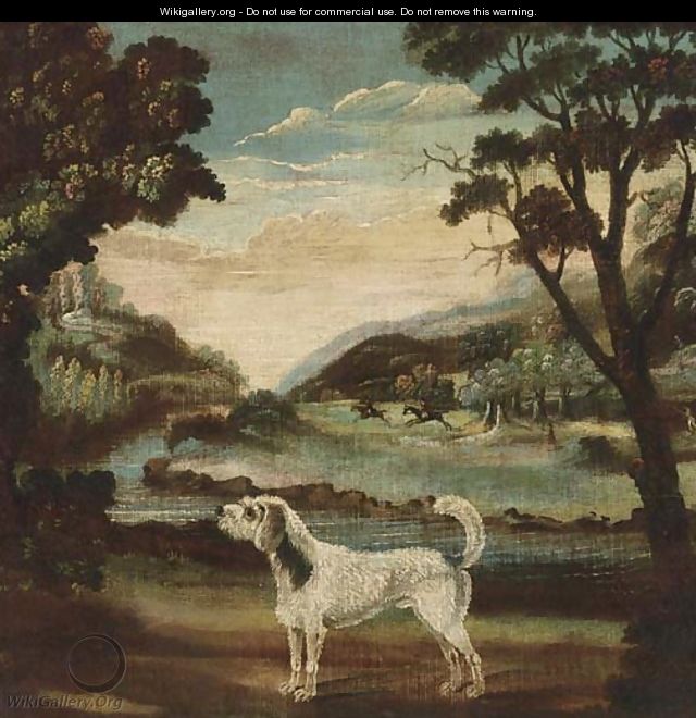 A hound in a landscape, a hunt beyond - English School