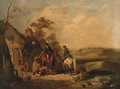 Travellers taking refreshments by a cottage - English School