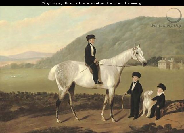 Three boys, one on a horse, in the grounds of a country house - English School