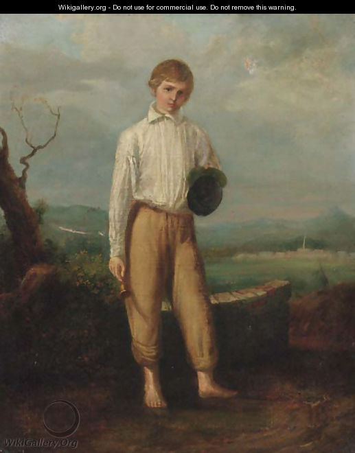 Portrait of a young boy, small full-length, in a white shirt, holding a trumpet and cap, in a landscape - English School