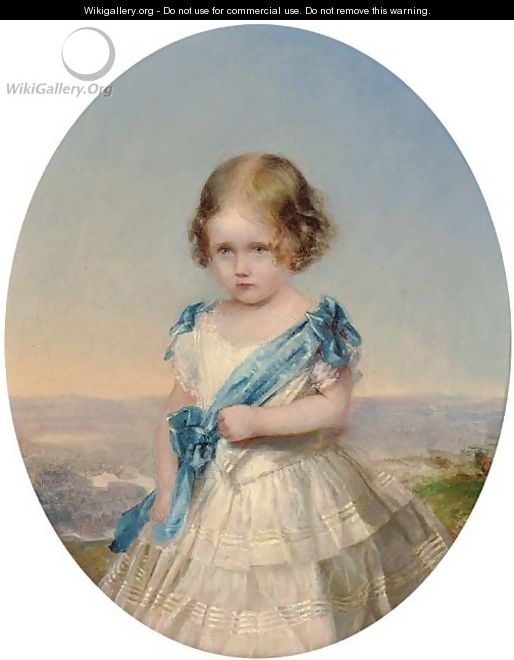 Portrait of young girl, three-quarter-length, in a white dress with blue sash, a landscape beyond - English School