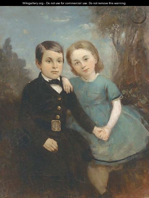 Portrait of two children, full-length, the girl in a blue dress and the boy in a black suit, in a landscape - English School
