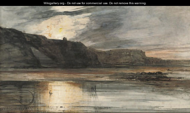 Sunset over a lake, a castle in the distance - English School
