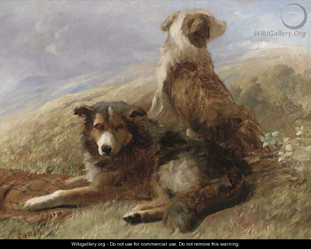 Sheepdogs resting in a landscape - English School
