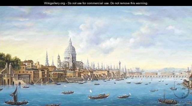 Panoramic view of London and the Thames with Somerset House, St. Paul