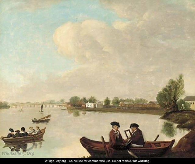 William Seguier and Mr W. Battean in a boat in a river landscape - English School