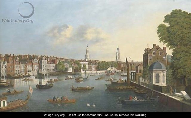 View of the Thames, with the Savoy Palace, Savoy Church, Somerset House, and the spires of St. Mary-le-Strand and St. Clement Danes - English School