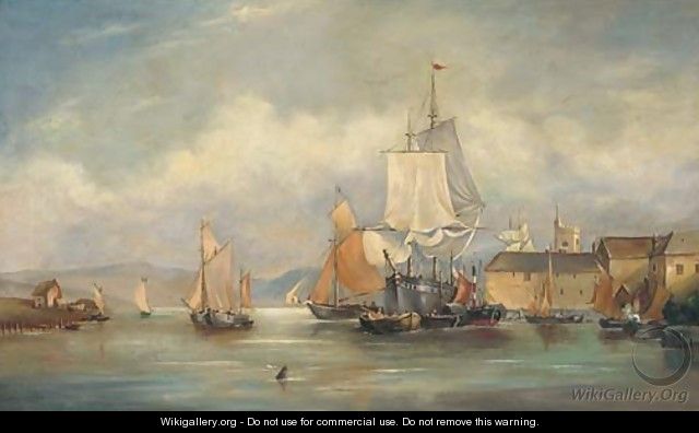 Vessels moored off a town harbour - English School