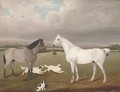 Two horses with three dogs in a landscape - English School
