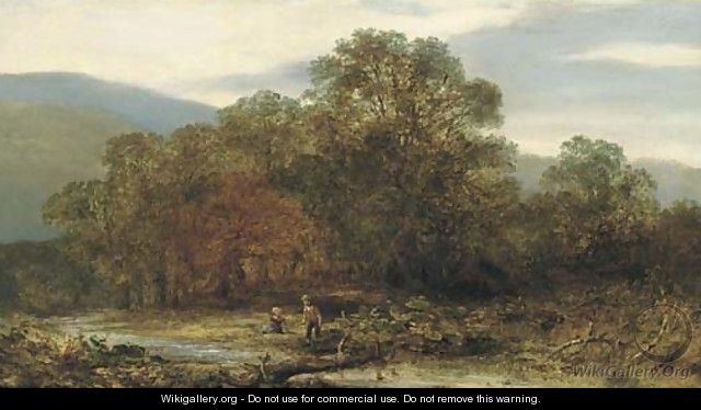 Two children playing in a river landscape - English School