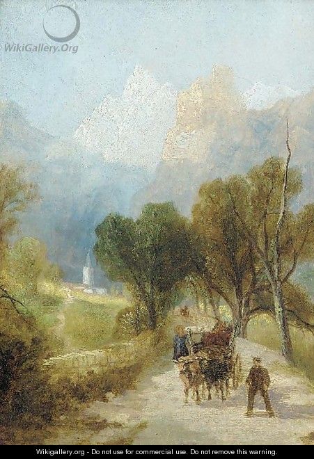 Travellers on an Alpine path, below what is thought to be the Matterhorn - English School