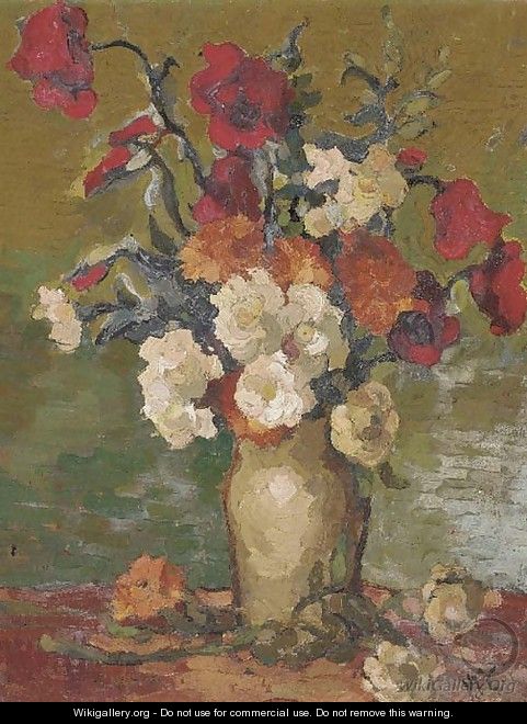 Mixed flowers in a vase - English School