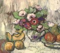 Flowers in a bowl with apples and bananas - English School