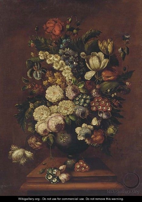 Flowers in a bowl next to pommegranites on a table - English School