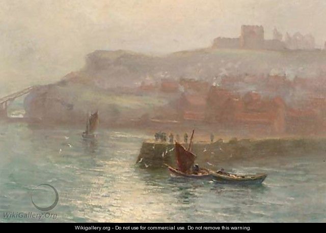 Fishing boats at the mouth of the harbour, Whitby - English School