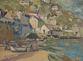 Fishermen by their boat on the shore at a Cornish village - English School