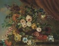 Chrysanthemums, peonies, lilac, a poppy and other assorted flowers in an urn on a ledge; and Another similar - English School