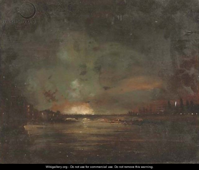 A river landscape at night, thought to be the Thames, with a fire beyond - English School