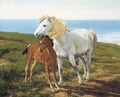 A grey pony and chestnut foal in a coastal landscape - English School