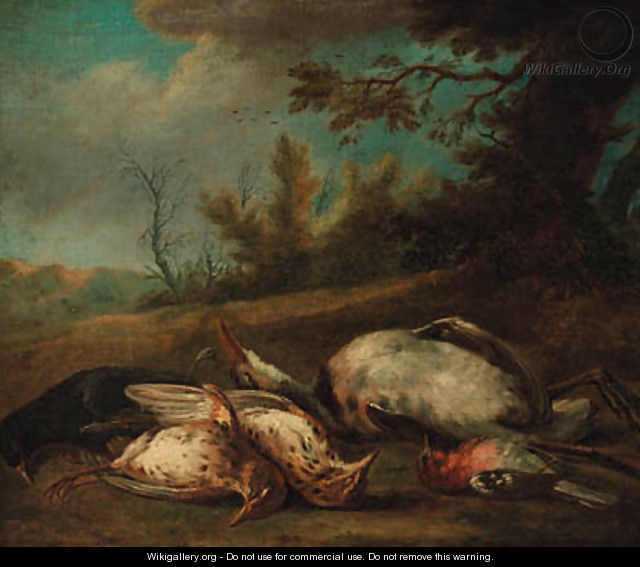 A dead blackbird, a chaffinch, thrushes and a heron in a landscape - (after) Jan Vonck