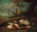 A dead blackbird, a chaffinch, thrushes and a heron in a landscape - (after) Jan Vonck