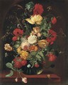 Poppies, tulips, marigolds, corns of wheat, roses and other flowers in a glass vase on a ledge - (after)Jan Van Os