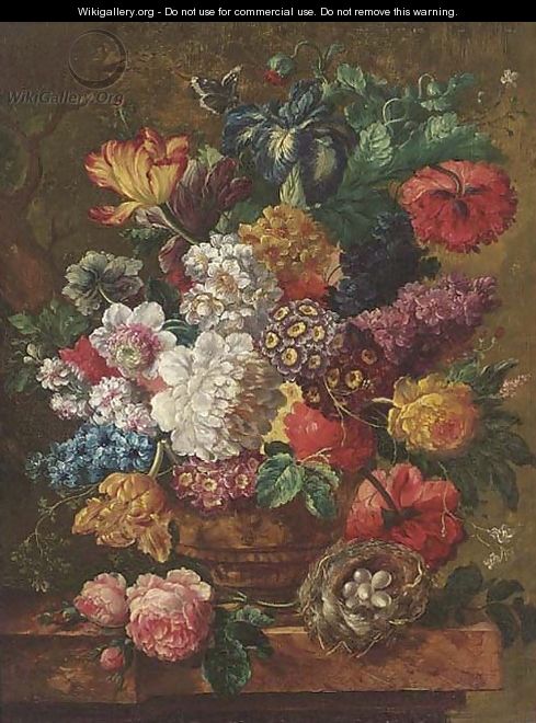 Summer flowers in a vase, with a bird