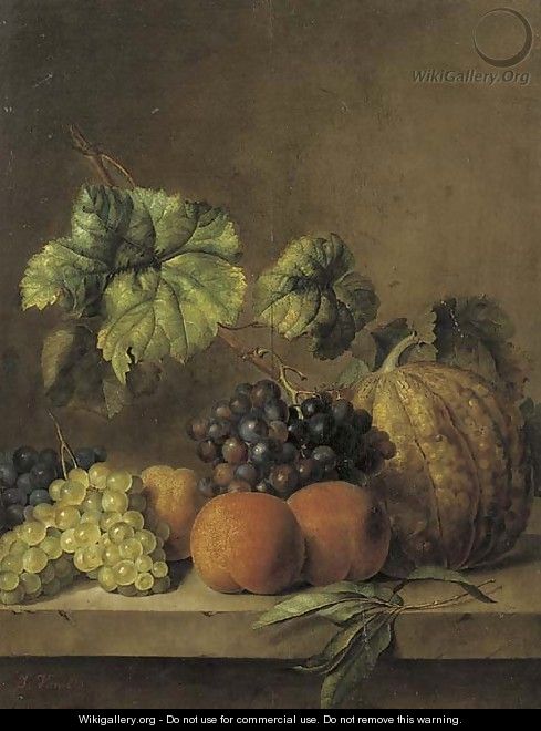A melon, peaches and grapes on the vine on a ledge - (after) Jan Van Os