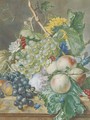 Still life of grapes, peaches, plums and other fruit with peonies, chrysanthemums and convolvulus, on a marble ledge - (after) Huysum, Jan van