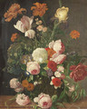 Roses, peonies, a tulip and other flowers in a glass vase on a stone ledge - (after) Huysum, Jan van