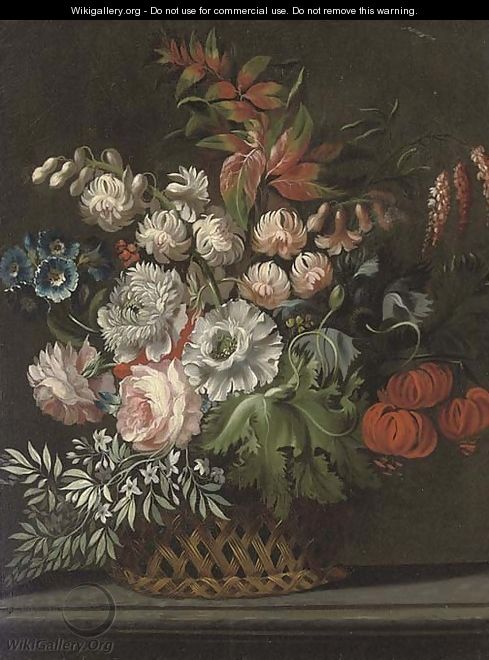 Chrysanthemums, roses and other flowers in a wicker basket, on a ledge - (after) Huysum, Jan van