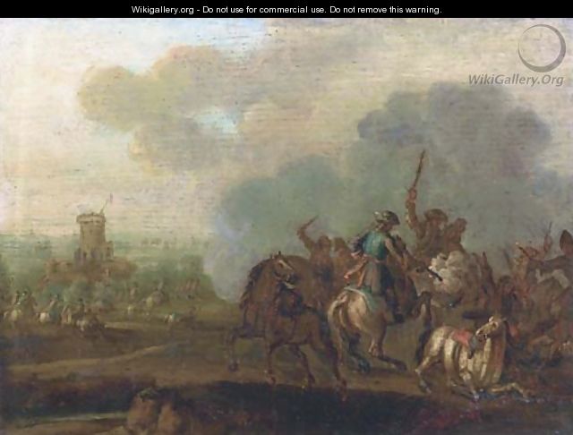 A cavalry skirmish, a fortress beyond - (after) Jan Von Huchtenburgh