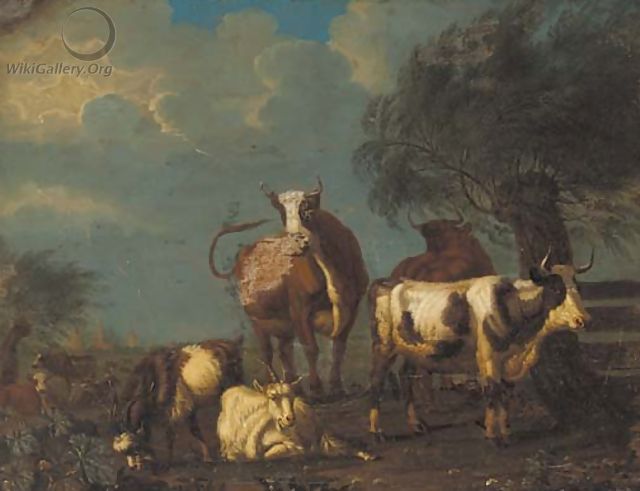 Cattle and goats in a pastoral lanscape, a village beyond - (after) Jan Van Gool