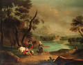 A drover with cattle and a traveller resting in a river landscape - (after) Jan Van Der Bent