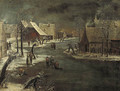A winterlandscape with skaters on a frozen waterway in a village - (after) Jan Van De Capelle
