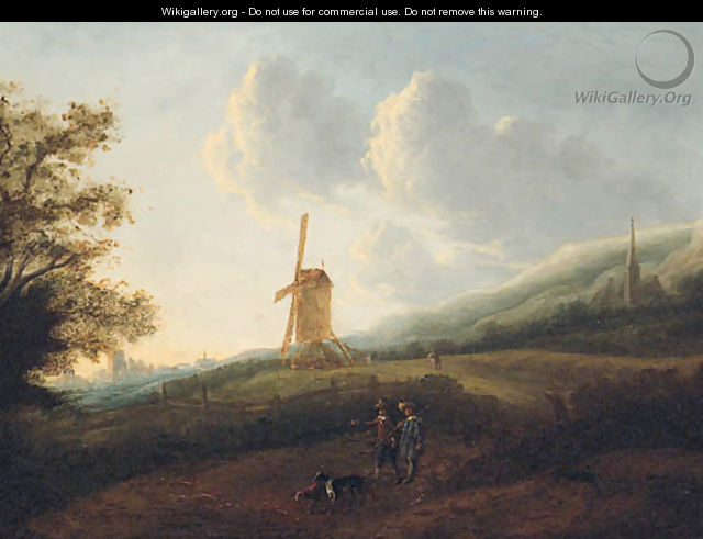 A landscape with travellers by a windmill, a town in the distance - (after) Jan Sonje