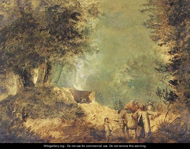 A wooded landscape with travellers on a track - (after) Jean-Baptiste Pillement
