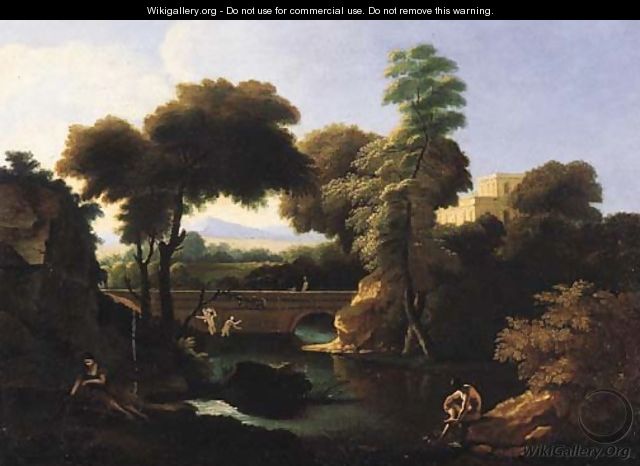 Bathers by a river, in an Italianate landscape - (after) Jean-Francois Millet