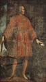 Portrait of Jacques Coeur (Bourges c. 1395-1461 Chios), standing full-length in an interior, wearing a red fleur-de-lys embroidered costume - (after) Fouquet, Jean