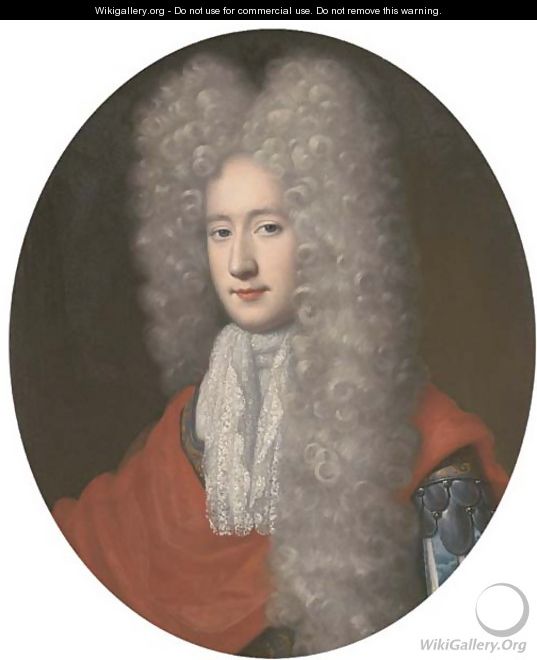Portrait of a gentleman, bust-length, wearing an armoured tunic, red wrap and long wig - (after) Jean Baptiste Van Loo