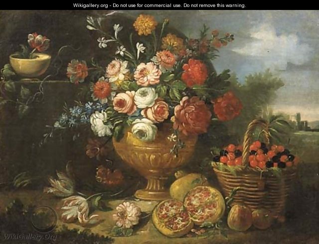 Mixed flowers in a vase with cherries in a basket - (after) Jean-Baptiste Monnoyer